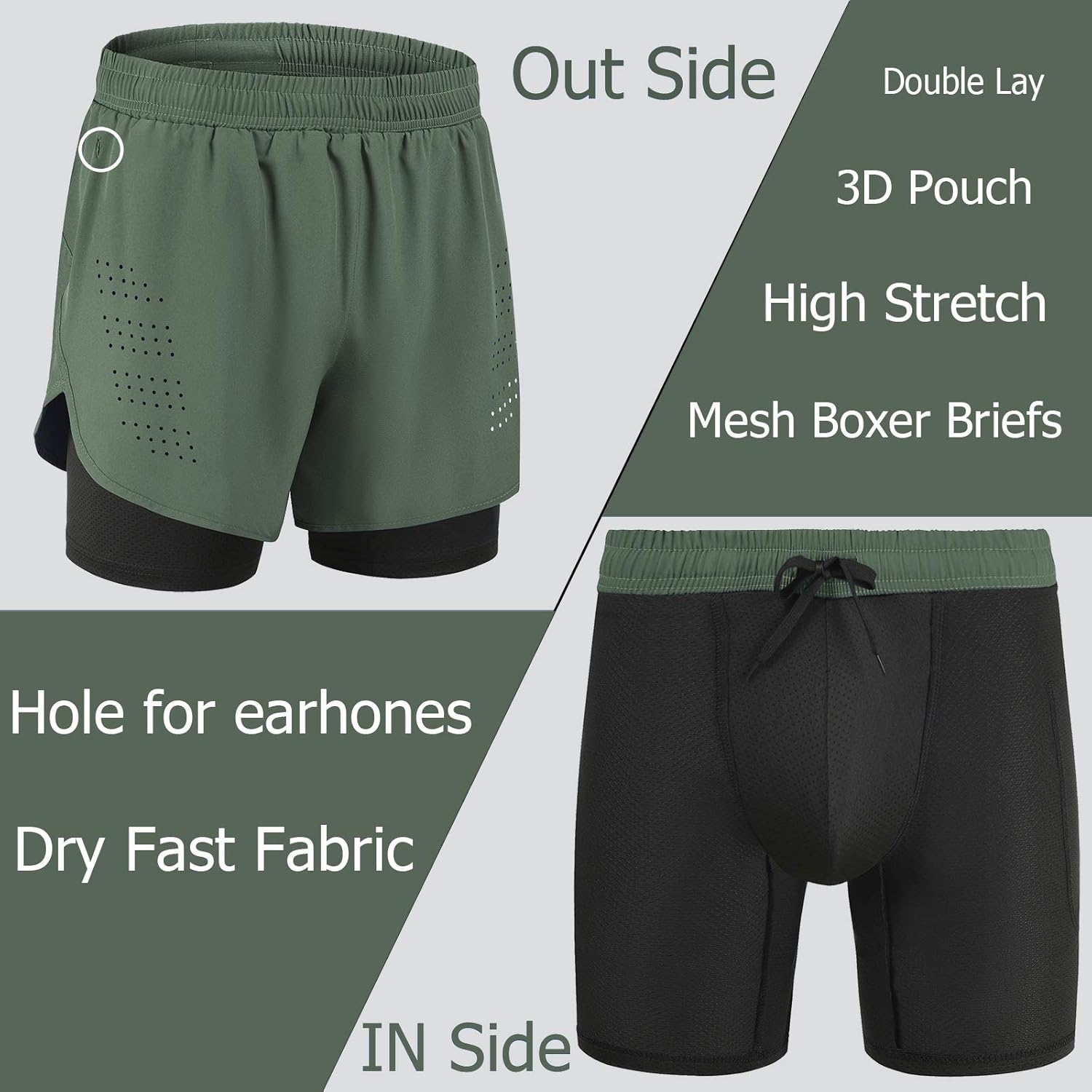 Gesean Men's 2 in 1 Workout Running Shorts 5" Lightweight Gym Training Sport Short with Phone Pockets: Clothing