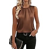 Zeagoo Womens Silk Satin Tank Tops Crew Neck Pleated Camisole Sleeveless Business Work Blouse Dressy Casual Summer Shirt