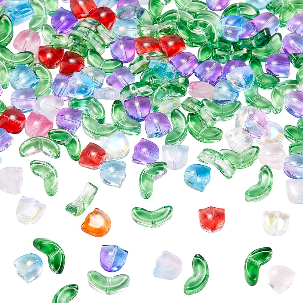 SOFPLATE 1 Box 200Pcs Glass Flower Bead Tulip Crystal Beads Bulk Colorful Transparent Spring Loose Lily flowers Glass bead for jewellery Making Beads Supplies DIY Bracelets Necklace Earrings Crafts