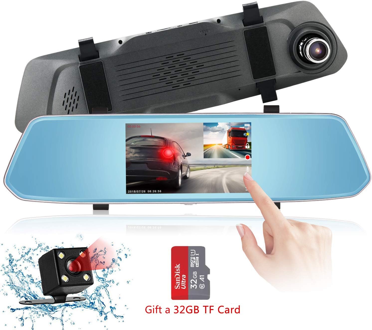 Mirror Dash Cam 1080P HD 5 Inch Touch Screen Dash Camera Front and Rear Dash cam with G-Sensor, Night Vision, Reversing Camera, Parking Monitor 170° Wide Angle Video Recorder