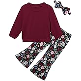 mikiumkee Toddler Girl Clothes Crewneck Long Sleeve Top+Floral Flared Pants Bell Bottom Outfits with Headband 1-6T