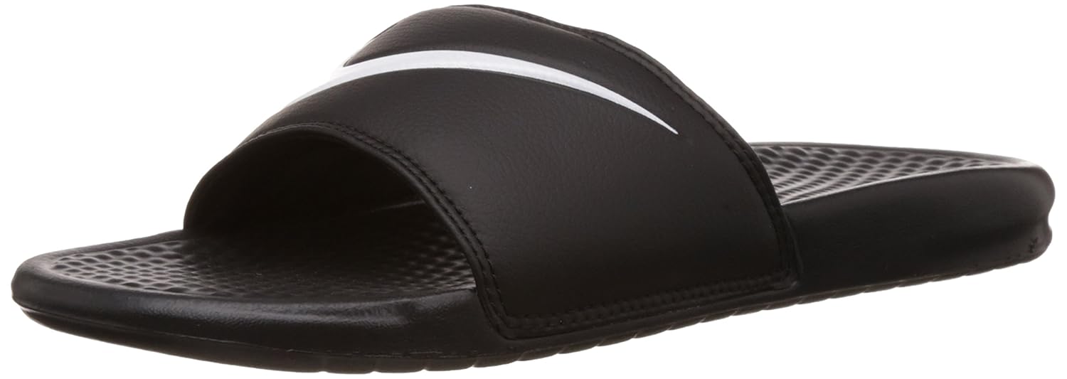 black nike slides with white swoosh
