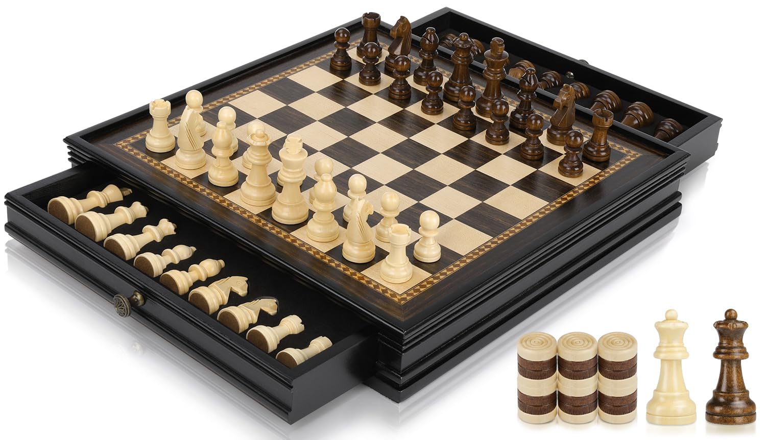 Peradix 2 in 1 Magnetisch Schachspiel mit Dame Spiel aus Holz, 32CM/12.6IN Schachbrett mit Lagerschublade und 2 Queen, Reiseschach Holz Hochwertig Schach Spielzeug für Kinder und Erwachsene 9