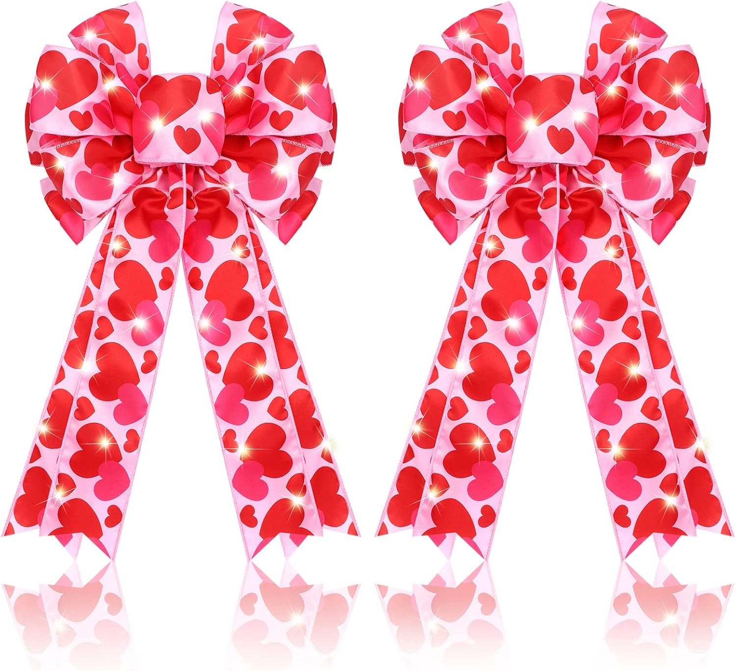 Bows & Ribbons - Giegxin 2 Pcs Valentines Bows Lighted Wreath Bow Outdoor LED Lights Burlap Bow Large Pink Heart Printed Bows Tree Topper for Valentine's Day Party Gifts Indoor Outdoor Door Wall Decor