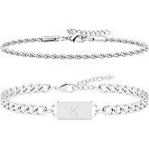 2PCS Initial Letter Stainless Steel Bracelet, A-Z Letter Pendant Silver Gold Black Cuban Rope Link Chain for Men Women Jewelry Set