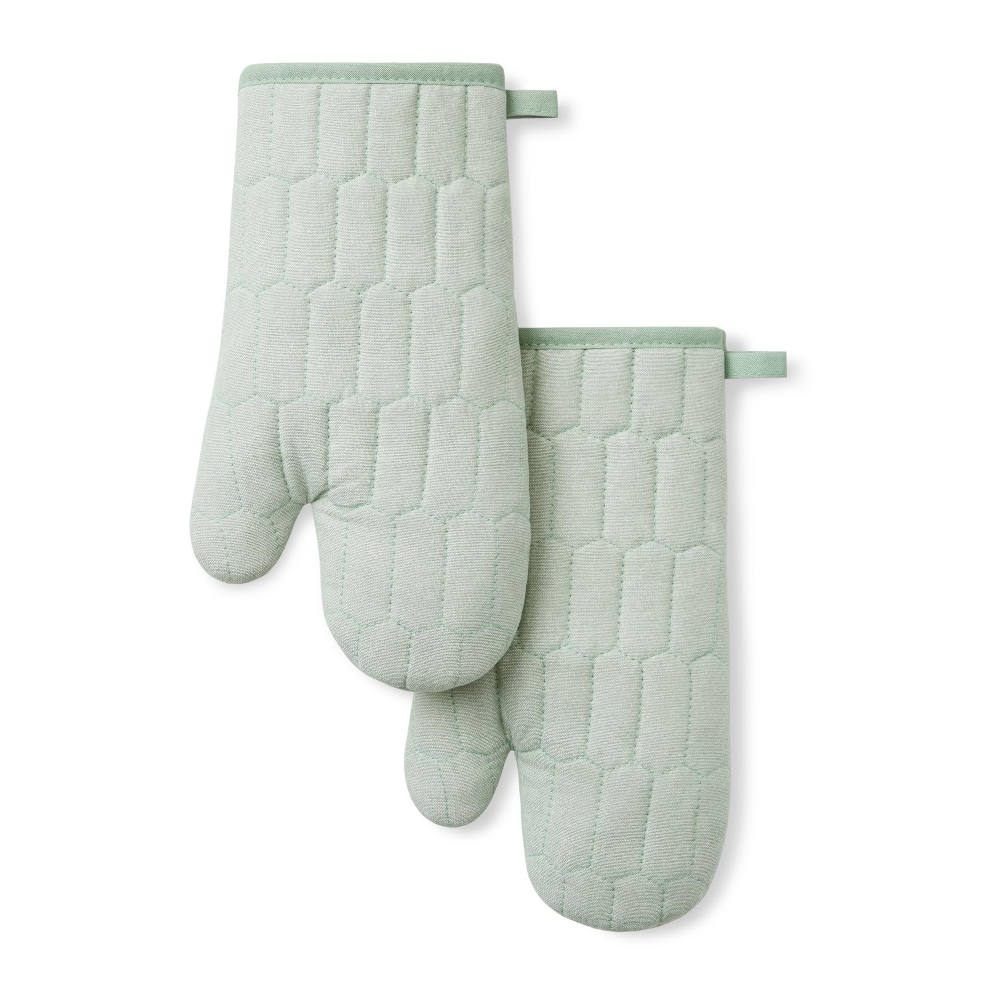 Photo 1 of MARTHA STEWART Honeycomb Quilted Chambray Oven Mitt 2-Pack Set, 100% Cotton, Heat Resistant, Flexible Grip, Mint Green, 7"x13"