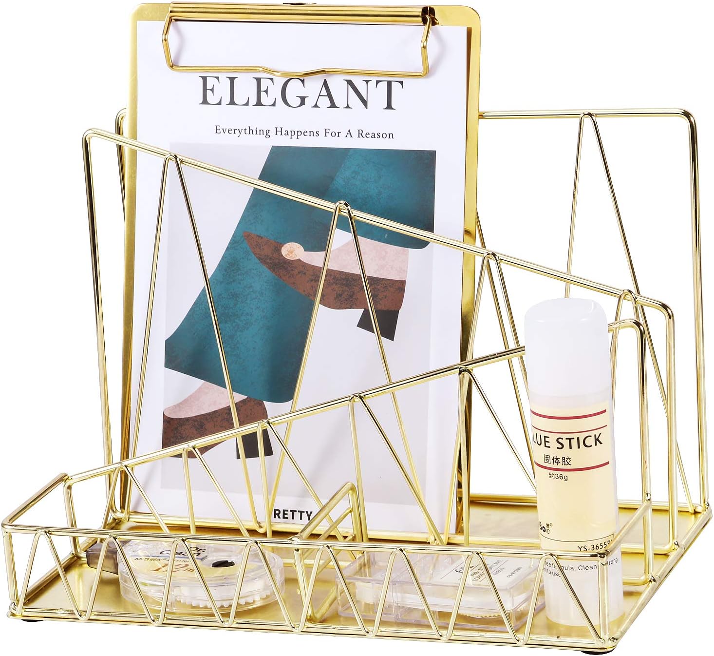 Nugorise Mail Sorter, 2 Slot Letter Holder with 2 Accessory Compartments, Wire Desk Storage Organizer Caddy for Office Supplies and Accessories, Gold
