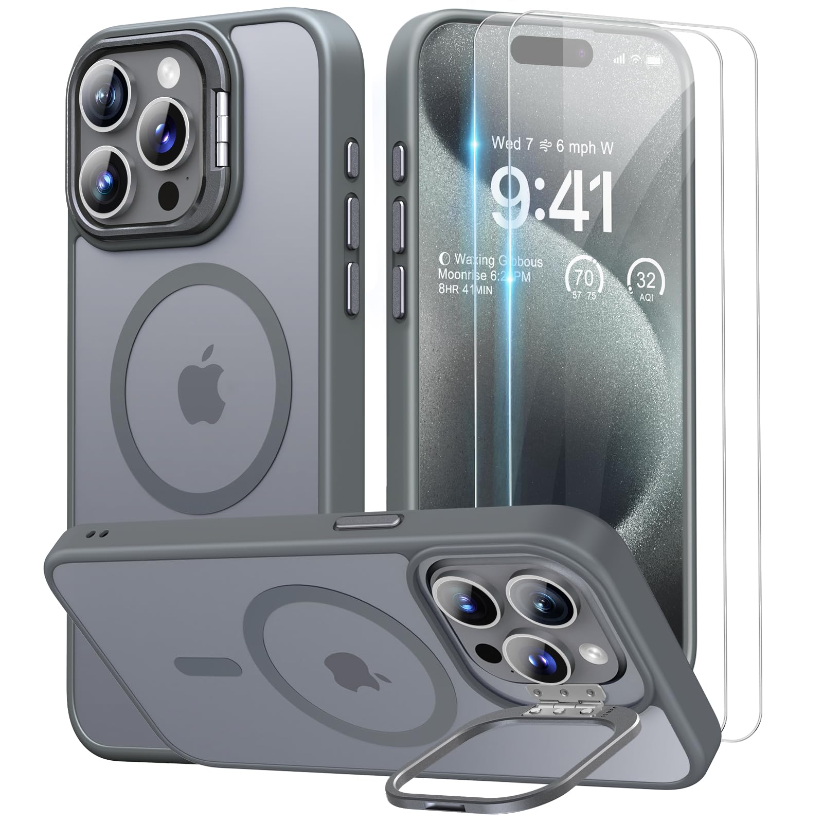 Beeasy for iPhone 15 Pro Case MagSafe Phone Case with 2 Screen Protectors and Stand, Military Shockproof Protective Slim Cover, Case for iPhone 15 Pro 6.1 Inch, Translucent Gray