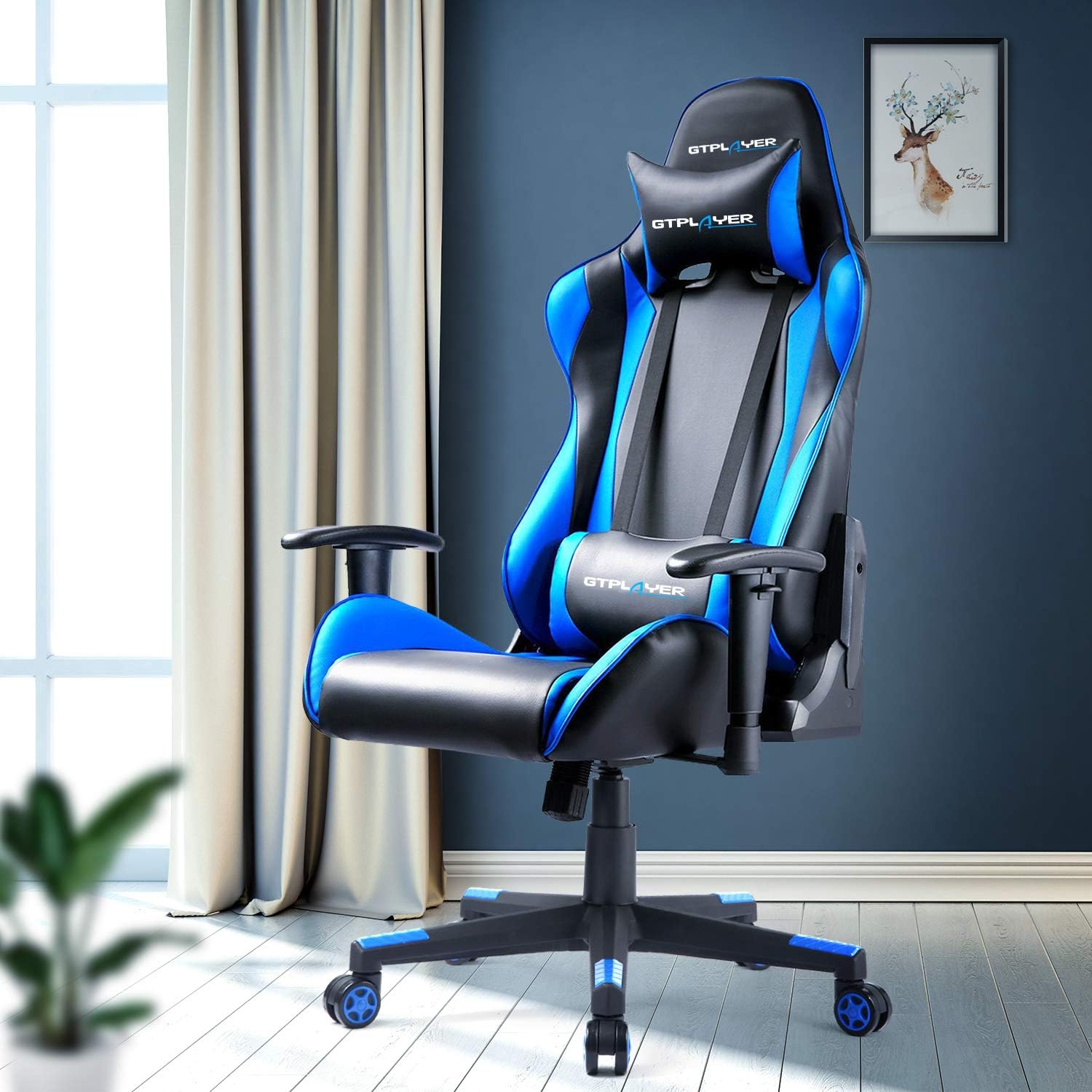 Sedia Gaming Ergonomica Con Supporto Lombare E Poggiatesta | Regolabile In Altezza, Girevole, Pelle PU, Blù | Peso Max 113kg