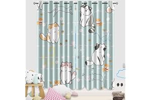 KOSSMJX Cartoon Cat Curtain Panels for Girl Room Blackout Curtains Grommets Top Girls Curtains for Bedroom Animal Themed Thermal Insulated Curtains for Nursery Girls Room Decor, Cat Curtains, 82 in x 84 in