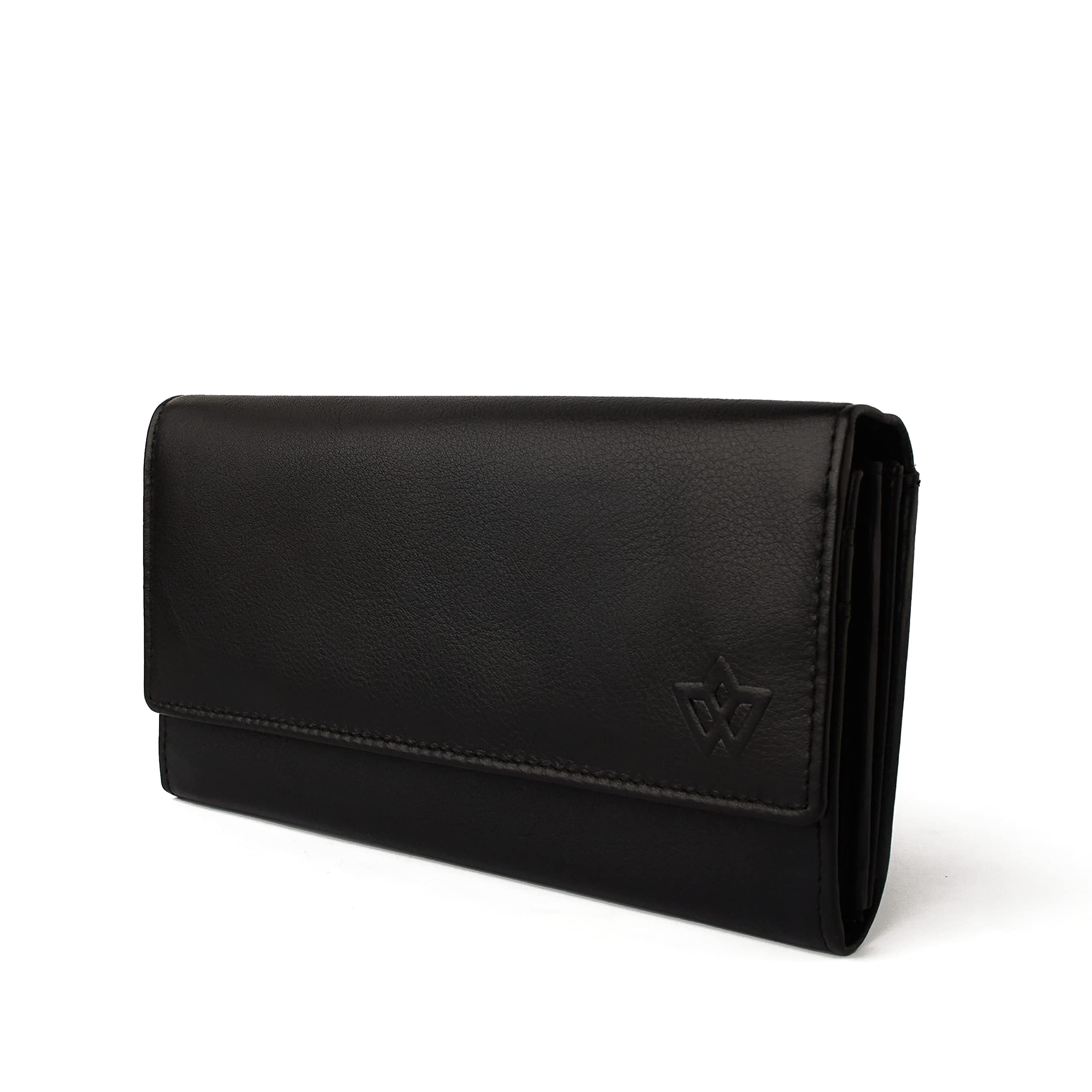 WASAMA Genuine Leather Long Wallet for Women with Multiple Card Slots, Phone Compartment, Zipper Coin Pouch and RFID - Night Fall Black