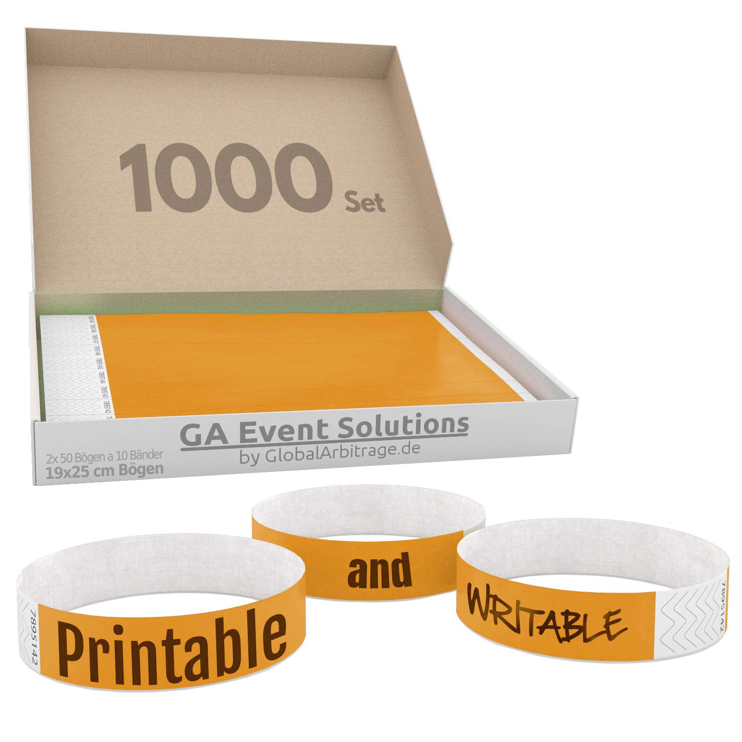 1000 Eintrittsbänder aus Tyvek zum selbst gestalten und bedrucken in Orange von GA Event Solutions - Party Einlassbänder, Festival Armbänder für dein Event
