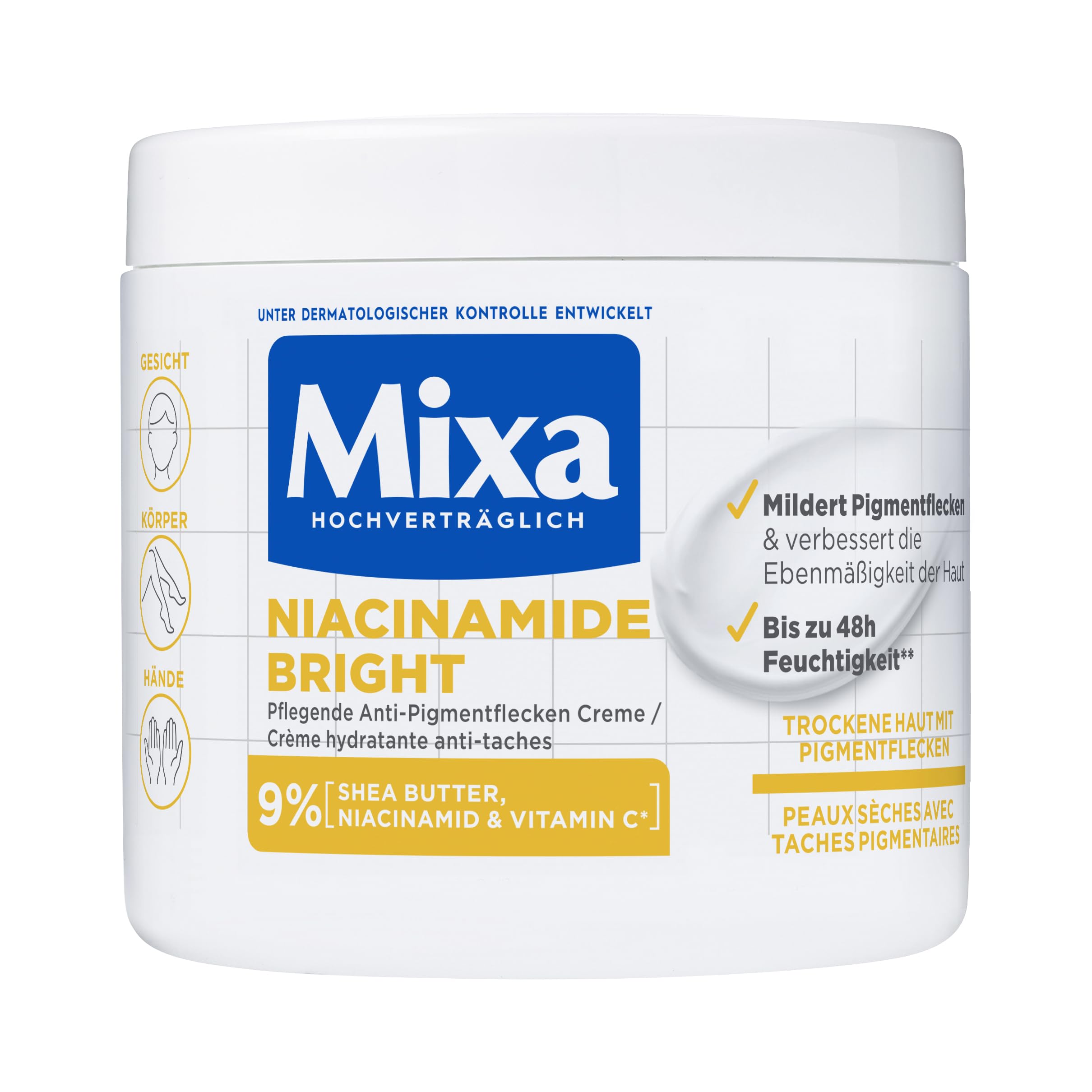 Mixa Moisturising Anti-Pigment Spots All-Purpose Cream, Suitable for Face, Body & Hands, Niacinamide Bright, Hypoallergenic, 400 ml