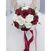 Abbie Home 9 inches Burgundy & White Artificial Wedding Bridal Bouquet Blooming Real Touch Rose Wedding Tossing Bouquet for Wedding Ceremony Anniversary Bridal Shower Decor (Bouquet)