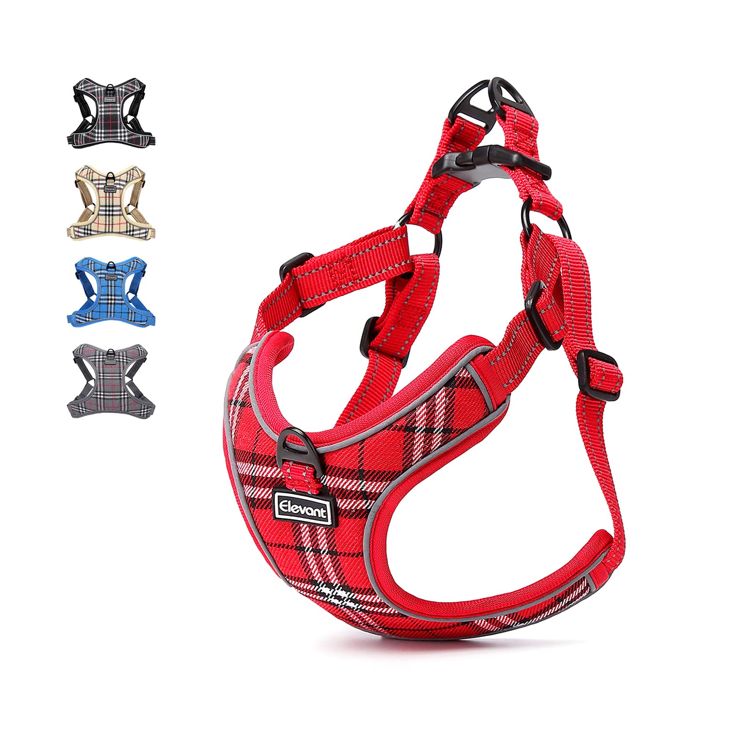 Elevant Adjustable Dog Harness, Step-in Reflective Breathable Durable Harness, Soft Padded Lightweight Vest Harness with Front Clip for Outdoor Walking Running (XS, Red Plaid)