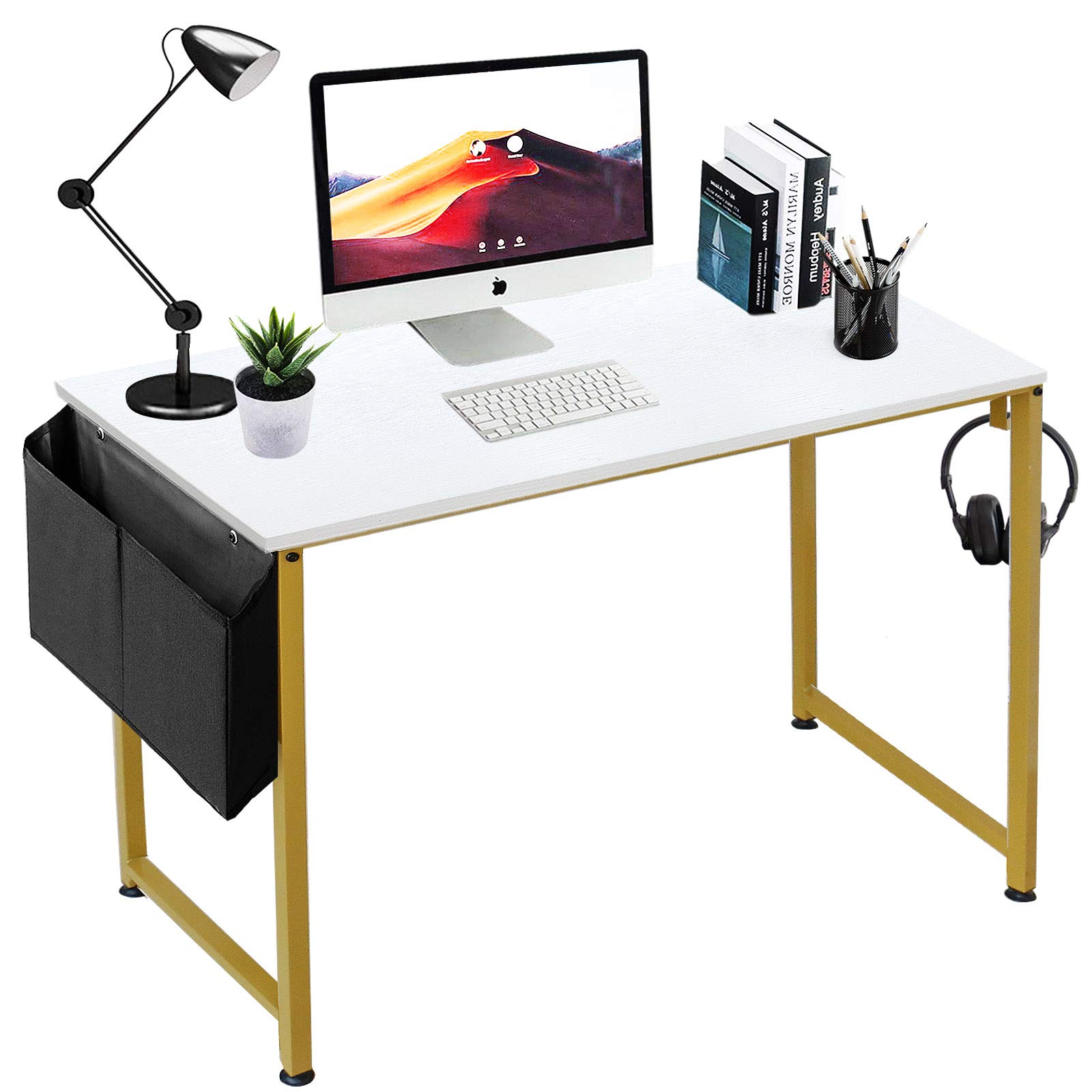 LUFEIYA Small Computer Desk White Writing Table for Home Office Small Spaces 39 Inch Modern Student Study Des with Gold Legs,White Gold
