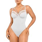 SHAPELLX Women's Shapewear Lace Bodysuit Tummy Control Body Suits Waist Sculpting V Neck Thong Corset Tops