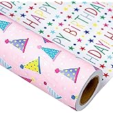 MAYPLUSS Birthday Gift Wrapping Paper Roll - 17Inch X 32.8Feet - Reversible Luxury Pink Girly Birthday Party Hat, Happy Lettering Gift Wrap for Kid Girl, Baby Shower, Party, Holiday