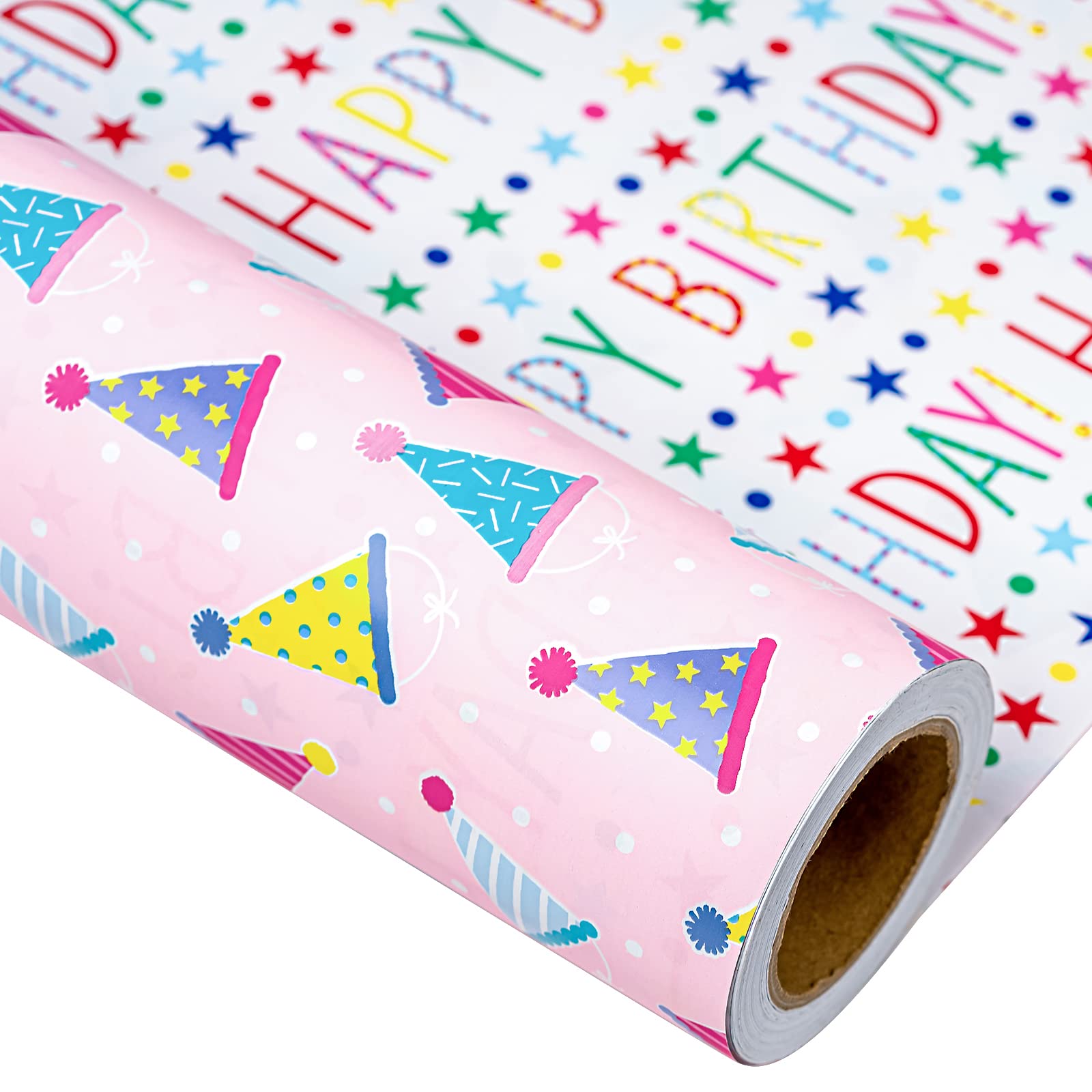 Photo 1 of MAYPLUSS Birthday Gift Wrapping Paper Roll - 17Inch X 32.8Feet - Reversible Luxury Pink Girly Birthday Party Hat, Happy Lettering Gift Wrap for Kid Girl, Baby Shower, Party, Holiday