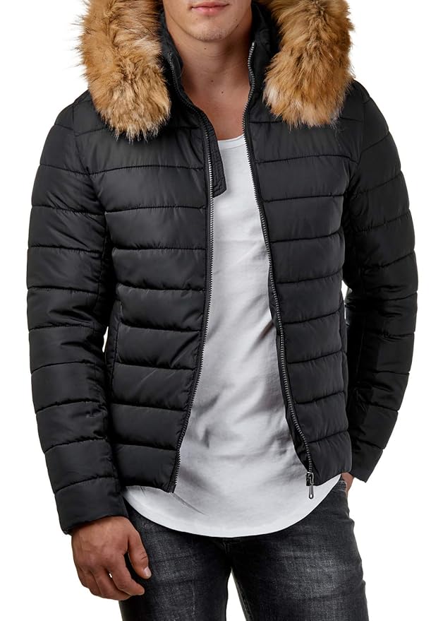 EightyFive Herren Winter-Jacke Kunst-Fell-Kapuze Gesteppt Schwarz Khaki EF316