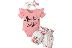 Newborn Infant Baby Girls Auntie Outfits Auntie's Bestie Short Sleeve Rib Knit Romper Floral Shorts Set with Headband