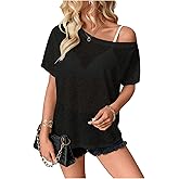 WDIRARA Women's Off Shoulder Sheer Mesh Short Sleeve Top See Through T Shirts