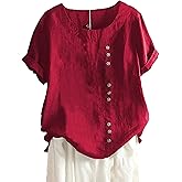 SCUSTY Oversized Crew Neck Linen Tops for Women Short Sleeve Cotton Blend Tee Shirts