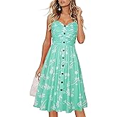 Drimmaks Women's Summer Casual Dress Florals Buttons Down Ruched Sweetheart Neck Sleeveless Midi Sundress