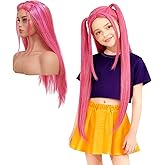 Long Straight Hot Pink Cosplay Wig with 2 Ponytails for Halloween Party Accessories Costume Dress-up