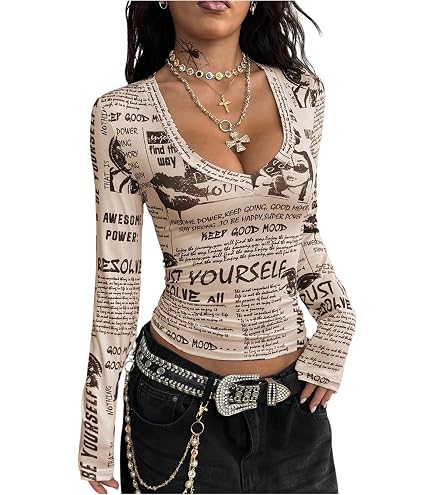 Women's Mesh Top with Long Sleeve Letter Print, See Through Sheer