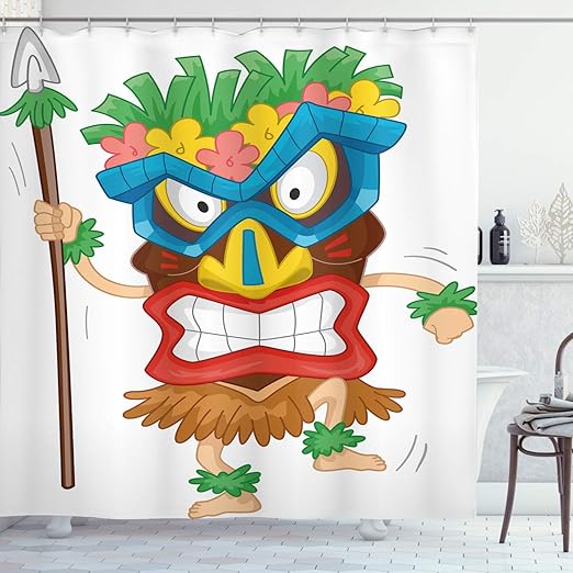 Amazon Com Ambesonne Tiki Bar Shower Curtain Native Man Wearing A Illustration Cartoon Tribal Costume Prehistoric Cloth Fabric Bathroom Decor Set With Hooks 70 Long Multicolor Home Kitchen