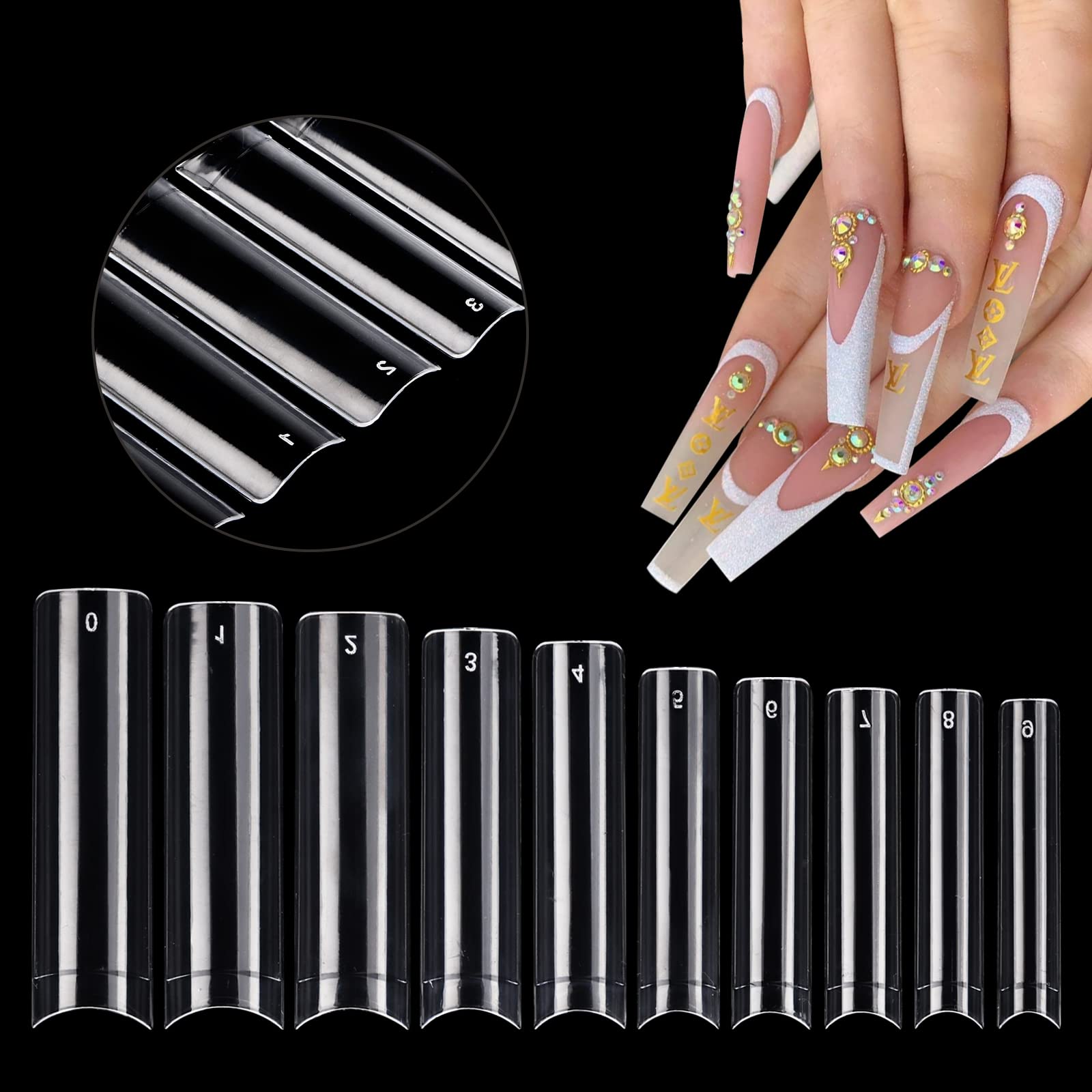 500Pcs XXL Extra Long Nail Tips - No C Curve Clear Square False Nails Professional Set - 10 Sizes Ballerina Shaped Straight Fake Nails - Half Cover Press on Nails Extension Kit for DIY Nail Art