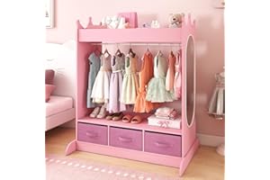 COSVALVE Kids Dress Up Storage with Mirror and Drawers, Kid Armoire Dresser, Pretend Storage Closet for Kids, Costume Wardrobe with Top Shelf for Playroom Bedroom, Lovely Pink