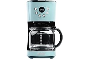 Haden Coffee Machine, 12 Cup Programmable Drip Coffee Maker with Auto Shut-Off Function and Reusable Washable Water Filter, Turquoise & Chrome
