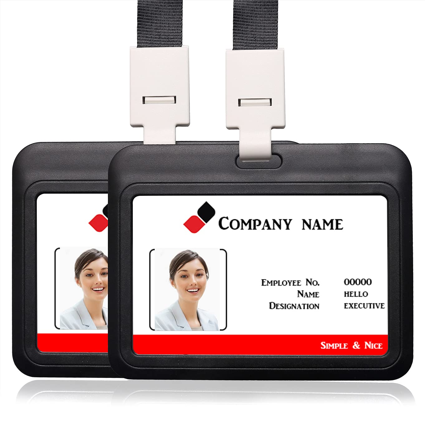 2PCS Horizontal ID Card Badge Holder with Lanyard Neck Strap Name Tag Card Holder Student Card Work Card ID Card (Black)