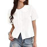 Allegra K Short Sleeve Shirts for Women Ruffle Peter Pan Collar Button Down Cotton Blouse Casual Summer Tops