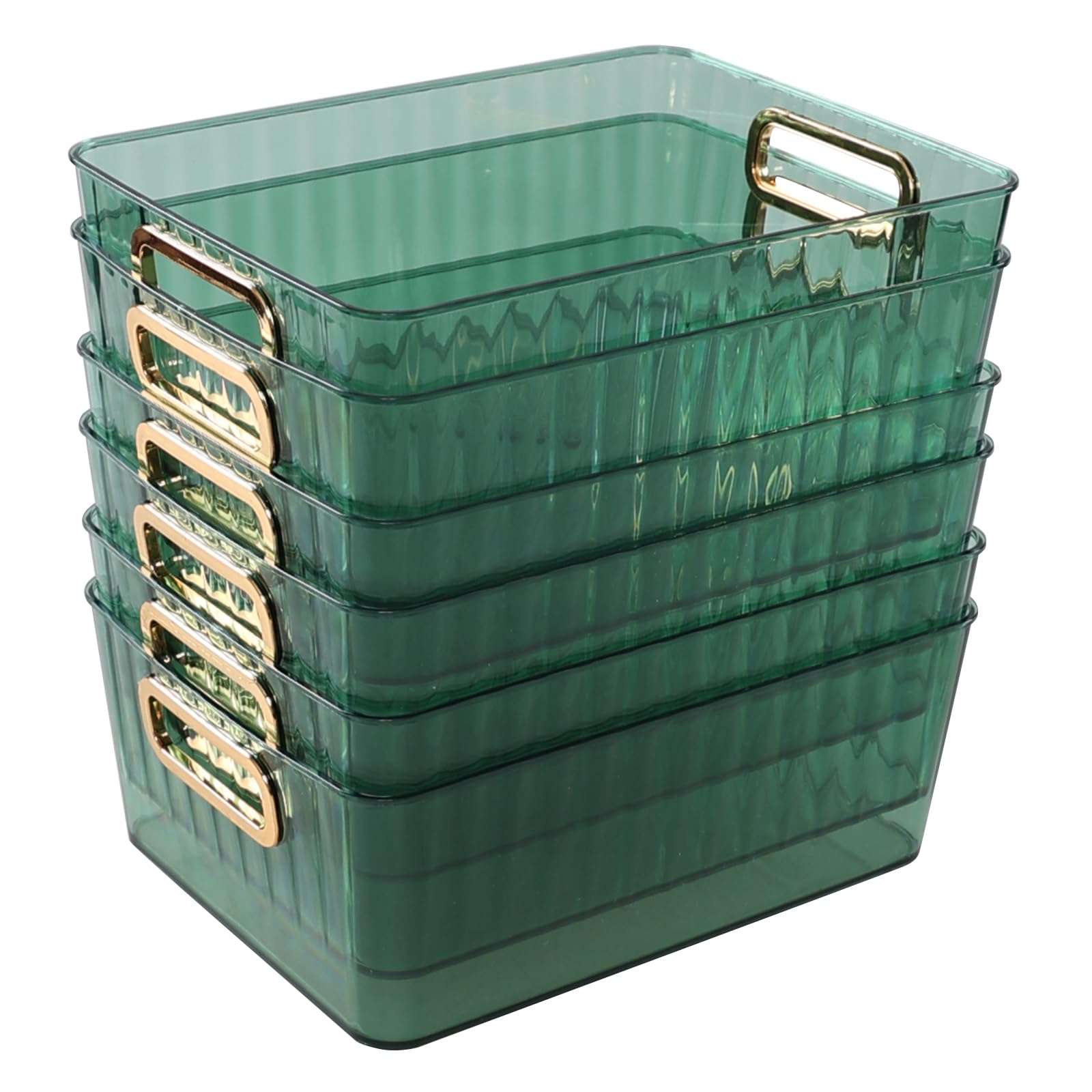 Rinboat 6 Packs Clear Plastic Storage Bin, Green Cupboard Storage Basket with Gold Handle