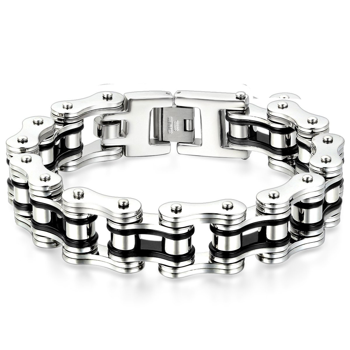 JewelryWe Masculine Mens Bike Link Bracelet Stainless Steel Silver Black Two-tone High Polished