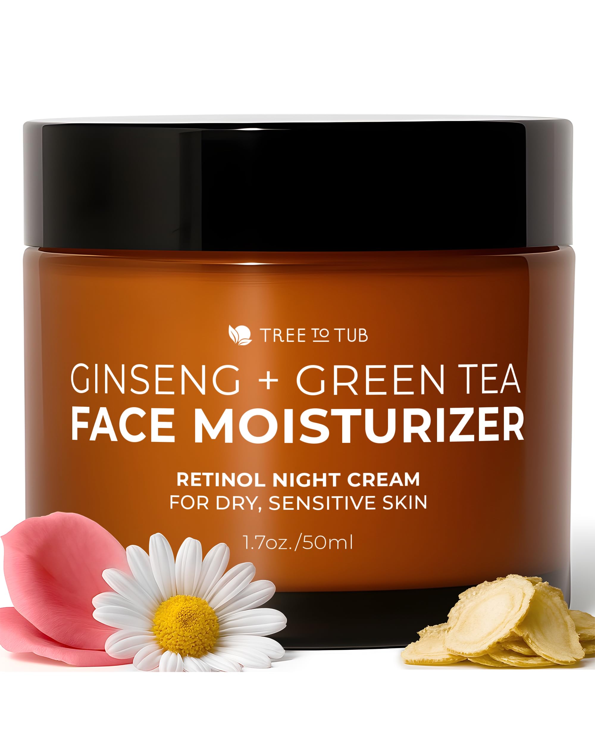 Tree To Tub Retinol Anti Aging Face Moisturizer for Dry & Sensitive Skin - Anti Wrinkle Hyaluronic Acid Facial Moisturizer, Vitamin A & E Night Cream for Women & Men w/Organic Aloe, Natural Ginseng