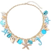 Shell Starfish Necklace for Women Conch Shell Starfish Pearl Necklace Seahorse Necklace Bohemian Chunky Choker Necklace Sea Shell Pearl Choker Collar Neck Mermaid Costume Jewelry Beach Jewelry