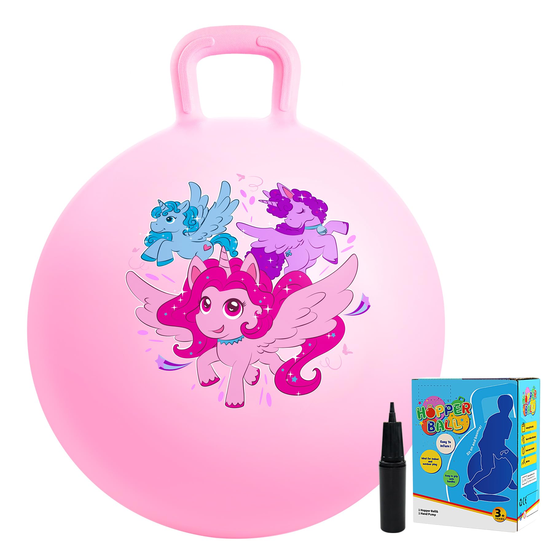 Vastoy 18 Inch Hopper Ball for Kids 3-6 Years - Anti-slip Space Hopper with Hand Pump, Bouncy Inflatable Ride On Toy for Indoor Outdoor Fun, Gift for Children (Pink Tri-unicorn)