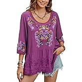 St.Lareina Women's Embroidered Tops 3/4 Sleeve Mexican Blouses Shirts Round Neck Dressy Tunics Peasant Tops Loose Fit