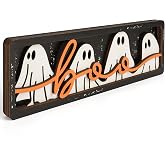 Vintage Halloween Boo Decorations for Office Home Table Mantel Shelf Desk | 4x12 Inch Wooden Retro Farmhouse Halloween Ghost Sign, Rustic Happy Boo Day Decor, Spooky Black Orange Decoration (Ghost)