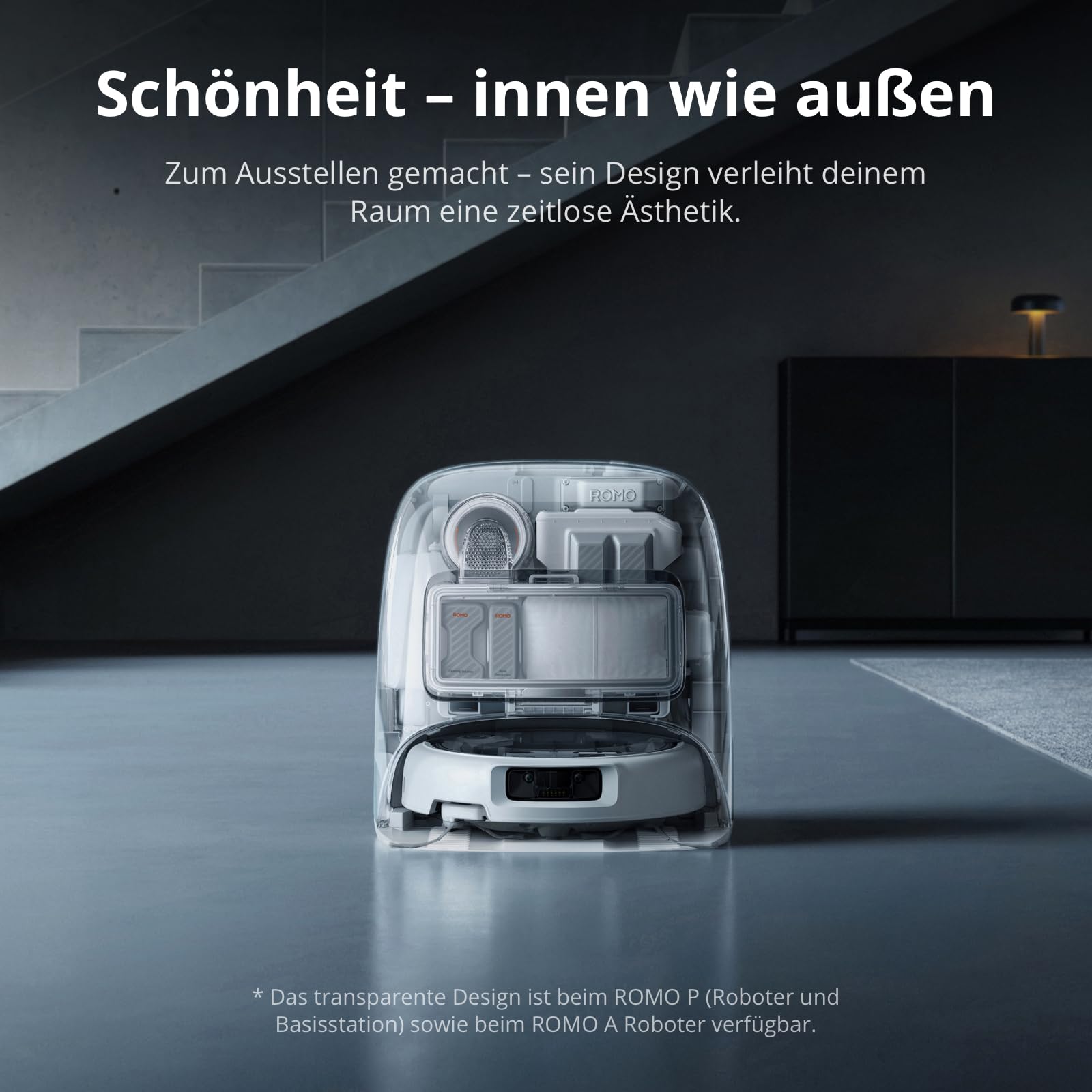 DJI ROMO P Saugroboter mit Wischfunktion, 25.000 Pa Saugkraft, Hinderniserkennung auf Drohnen-Niveau, Anti-Verwicklungsbürste, Selbstreinigende Basisstation, 200 Tage wartungsfrei, Transparent 3