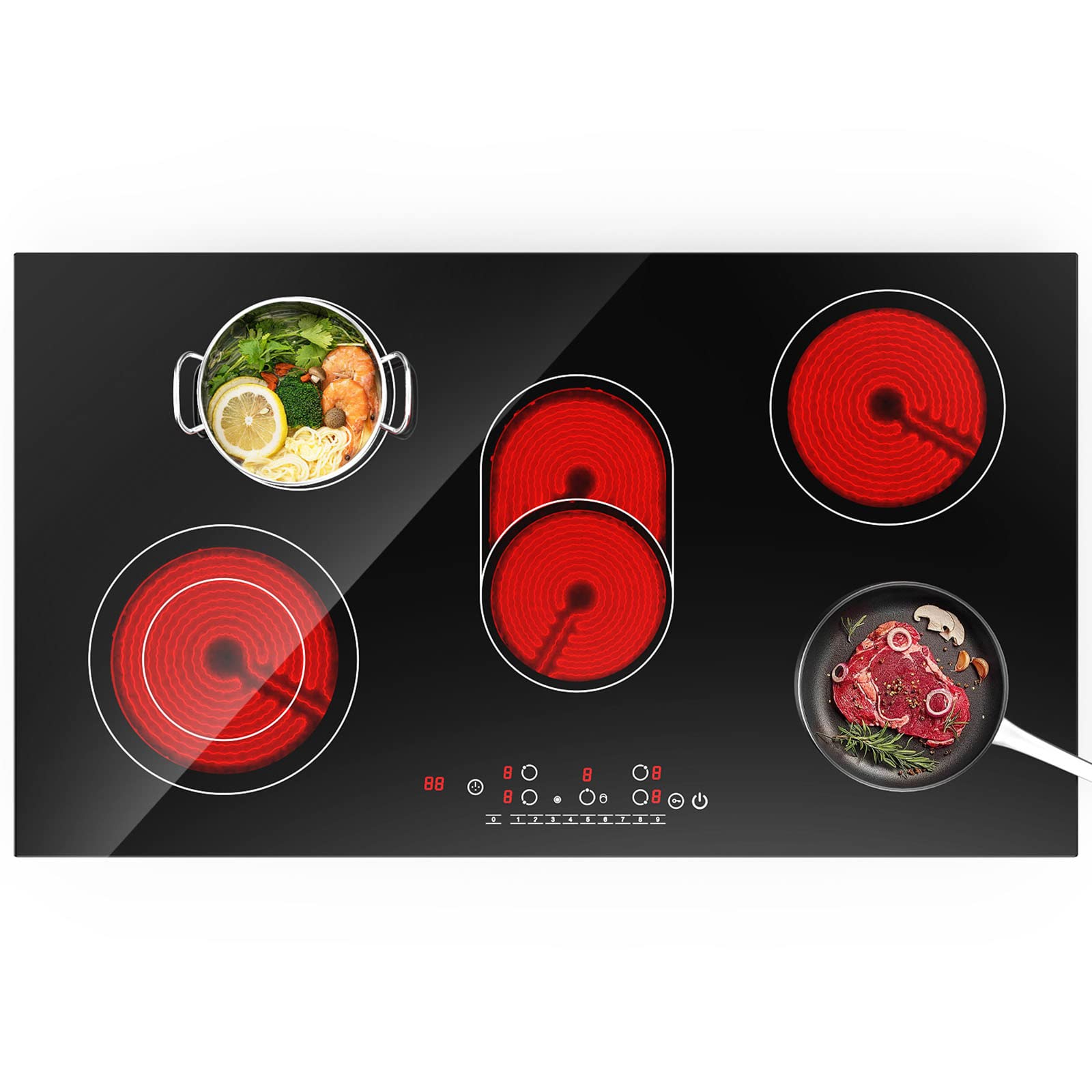 Electric Cooktop 5 Burners 36 Inch, ANHANE Built-in Electric Stove Top, 220V 8600W Electric Ceramic Cooktop, 9 Heating Levels, Timer & Kid Safety Lock, Suitable for all Cookware, Without Plug