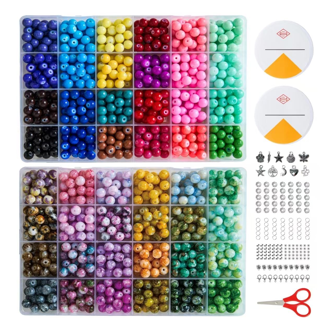 Photo 1 of 1300 Pcs Round Glass Beads for Jewelry Making – 8mm Beads in 48 Colors, 2 Box Set of Bulk Glass Beads for Bracelets, Crafts & DIY Gifts