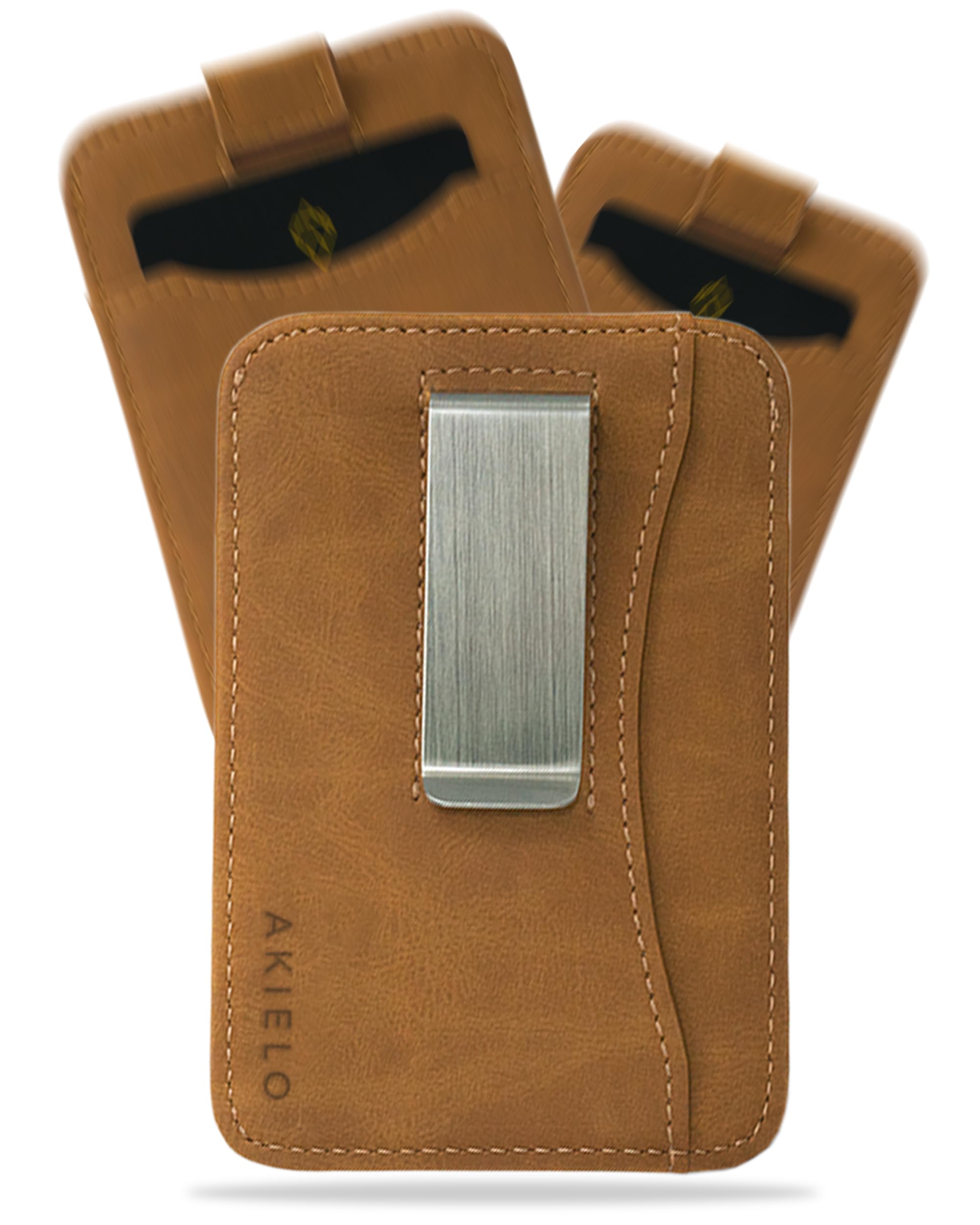 AKIELO RFID Blocking Card Holder with Money Clip and Gift Box – Compact and Slim Wallet – Minimalist Card Wallet (Charlie - Tan Clip Edition)