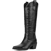 Platikly Black Cowboy Boots for Women - Embroidered Western Cowgirl Boots, Wide Calf Knee High Tall Footwear, Almond Pointed Toe Chunky Heel Pull On Zipper Retro Country Style US 8.5
