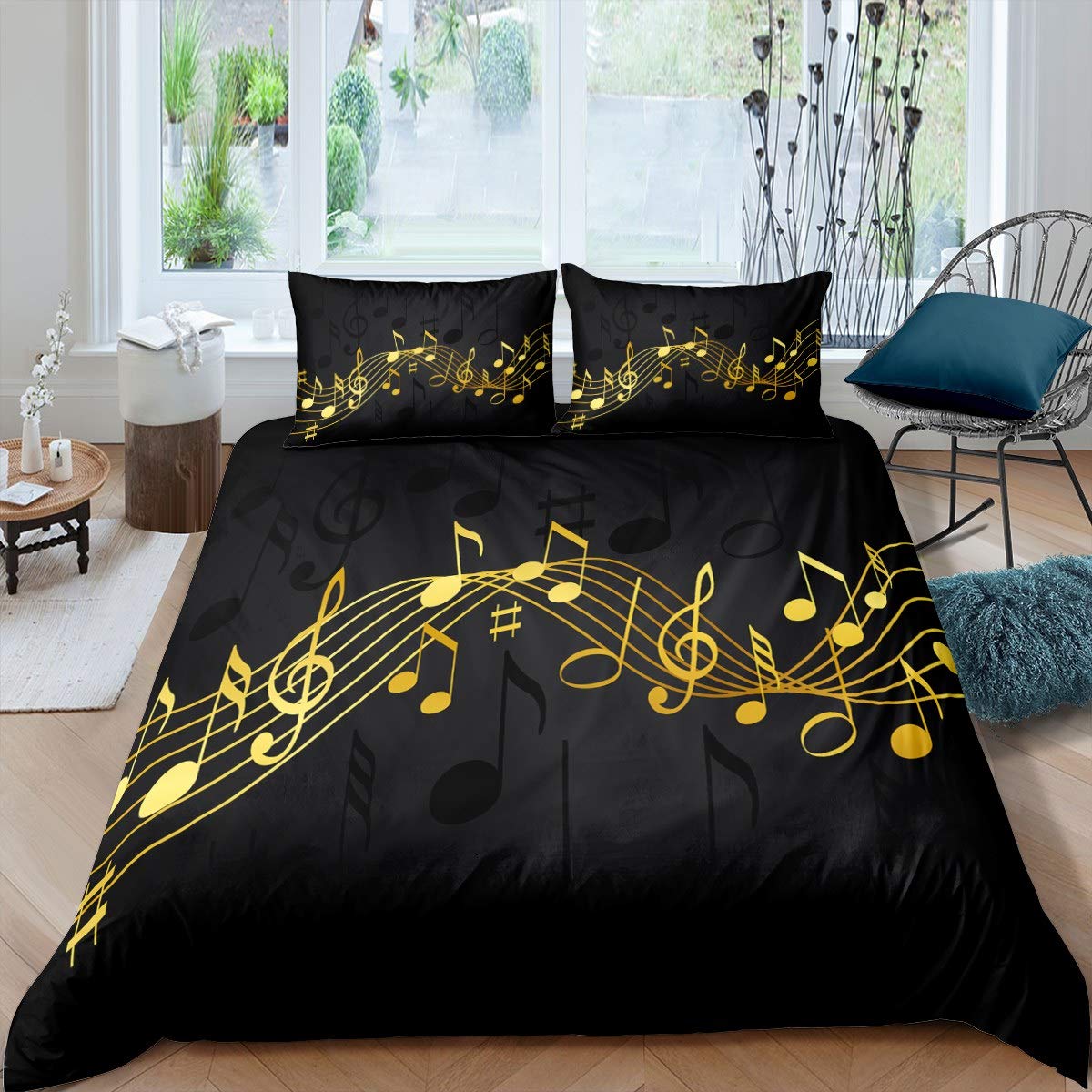 Loussiesd Musical Note Bedding Set Golden Staff Pattern Comforter Cover for Kids Adult Classic Music Themed Duvet Cover Piano Notation Bedspread Room Decor 2Pcs with 1 Pillowcase Single Size