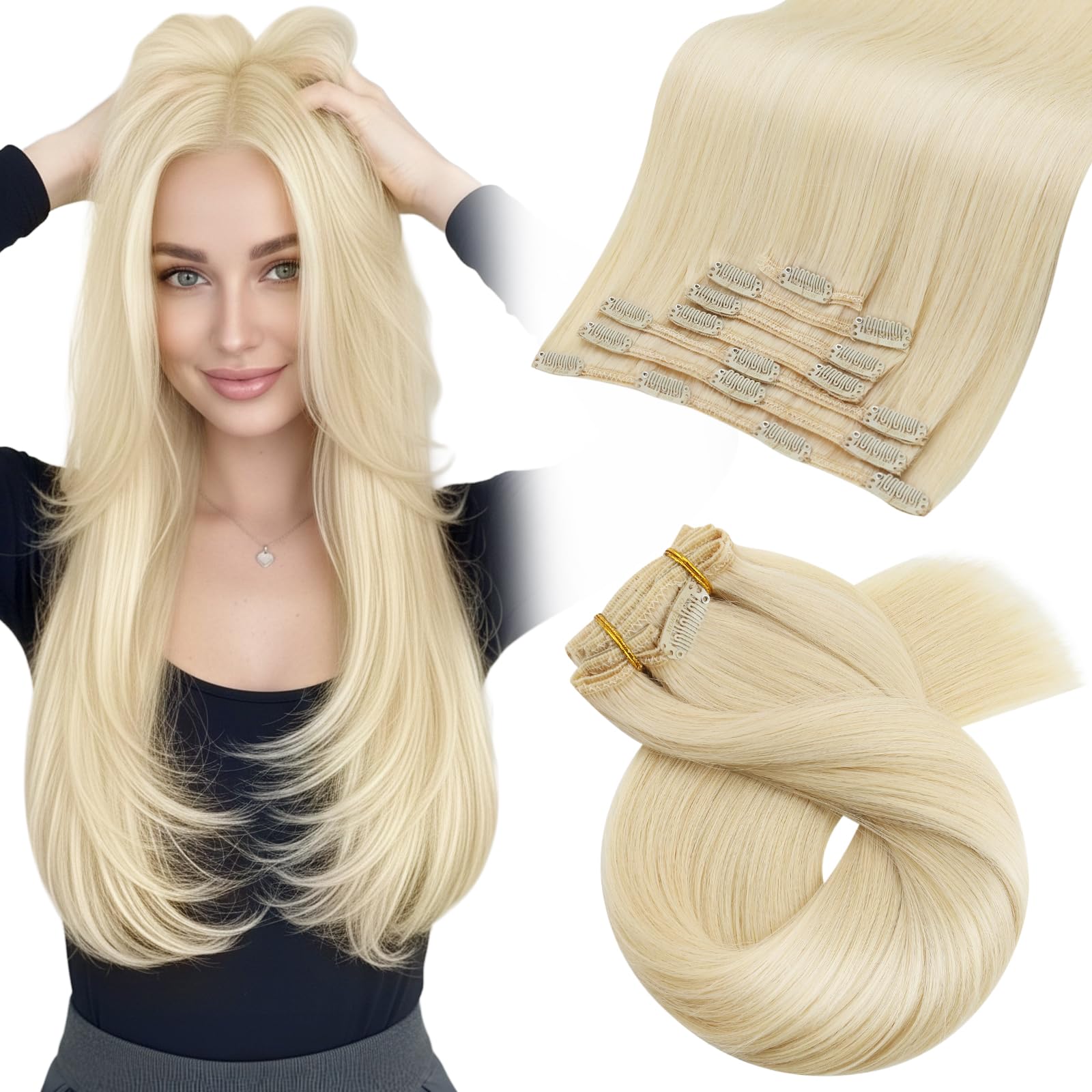 Moresoo Clip in Hair Extensions Real Human Hair Blonde Invisible Clip in Hair Extensions 24 Inch Platinum Blonde Remy Human Hair 120g/7 Pieces #60 — image 1